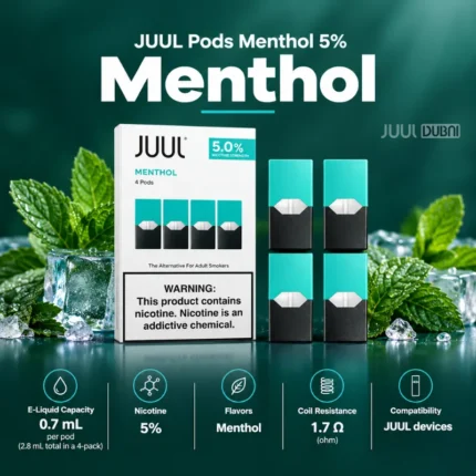 JUUL Pods Menthol 5% four-pack with turquoise pods and menthol flavor specifications