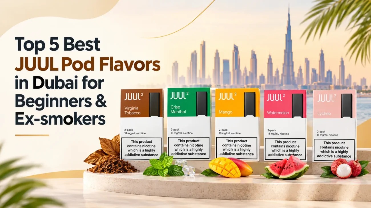 Best JUUL pod flavors in Dubai, featuring Virginia Tobacco, Crisp Menthol, Mango, Watermelon, and Lychee packs against a Dubai skyline background.
