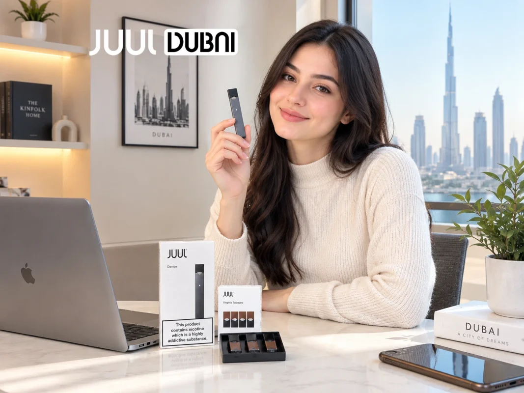 A happy female customer holding an original JUUL device with the Dubai skyline and Burj Khalifa in the background[cite: 3].