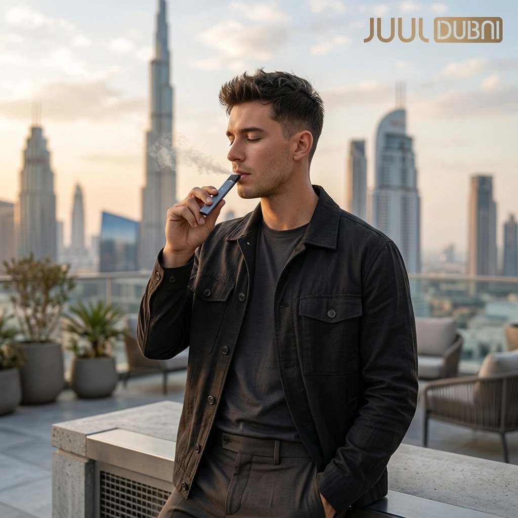 JUUL 2 Starter Kit displayed on a luxury dark wood and marble background with the device, magnetic USB charger, and two free pods in Virginia Tobacco and Crisp Menthol flavours.