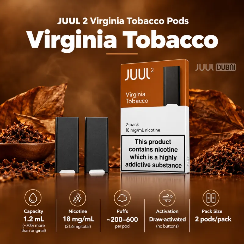 JUUL 2 Virginia Tobacco Pods 2-pack box with specs 1.2 mL capacity and 18mg nicotine salt in Dubai