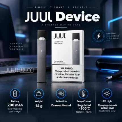 JUUL Device with original packaging showing battery capacity, weight, charging status, and device features.