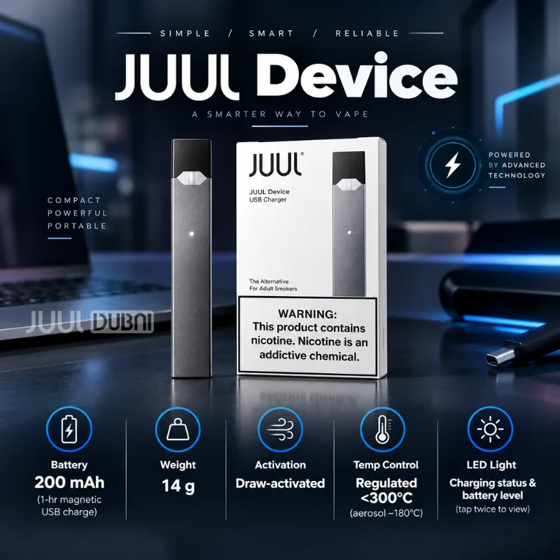 JUUL Device with original packaging showing battery capacity, weight, charging status, and device features.